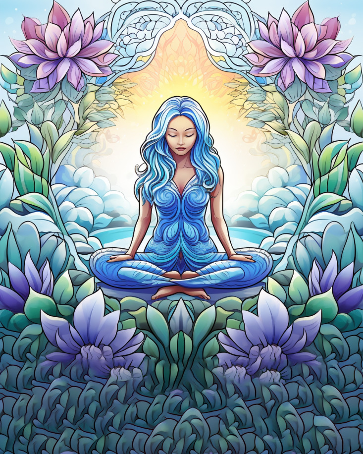 color illustration of a woman sitting among flowers as part of a blog post about benefits of coloring by the happy colorist