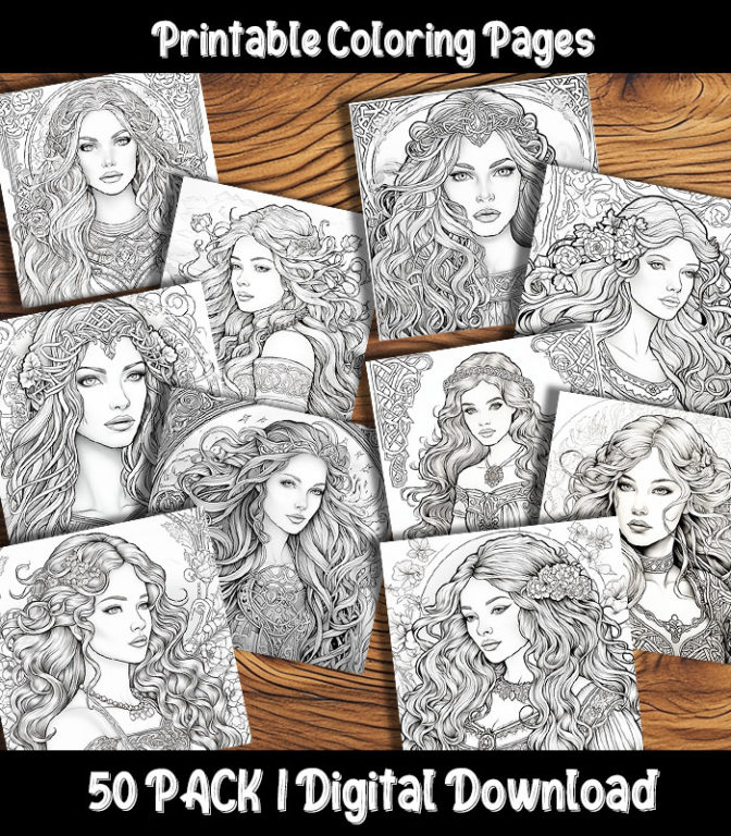 Celtic Maidens Coloring Pages Digital 50 Pack | Happy Colorist