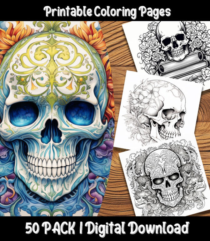 Skull Coloring Pages Digital 50 Pack | Happy Colorist