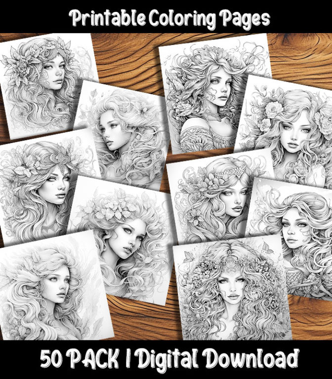 Beautiful Woman Coloring Pages Digital 50 Pack | Happy Colorist