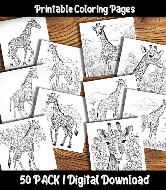 Giraffe Coloring Pages Digital 50 Pack | Happy Colorist