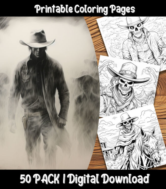 Ghost Cowboy Coloring Pages Digital 50 Pack | Happy Colorist