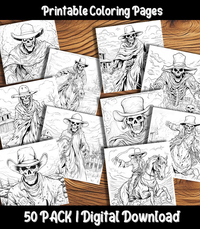 Ghost Cowboy Coloring Pages Digital 50 Pack | Happy Colorist