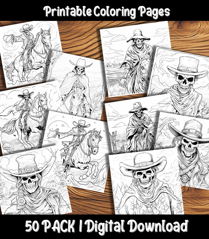 Ghost Cowboy Coloring Pages Digital 50 Pack | Happy Colorist