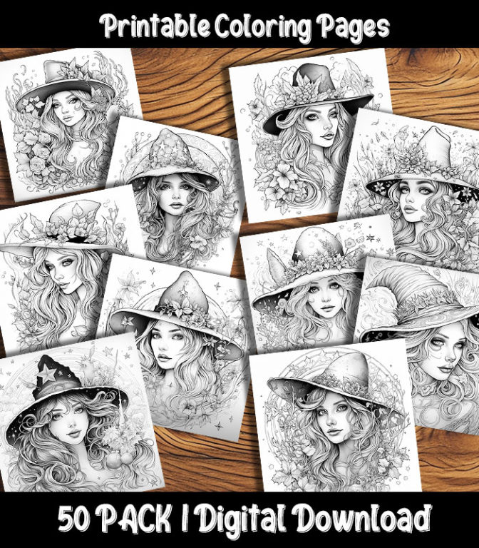 Witch Coloring Pages Digital 50 Pack | Happy Colorist