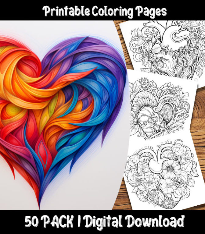 Hearts Coloring Pages Digital 50 Pack | Happy Colorist